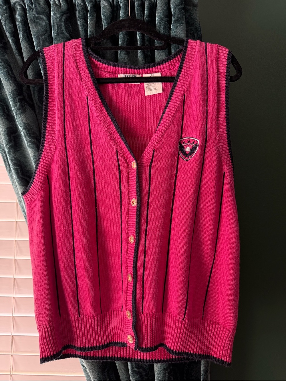 Hot Pink Button-Front Sweater Vest with Embroidered Golf Patch